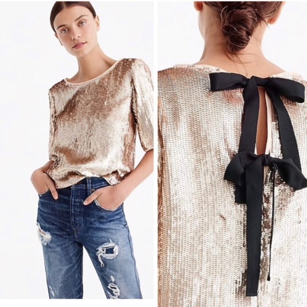 NWT J. Crew rose gold sequin tie back top